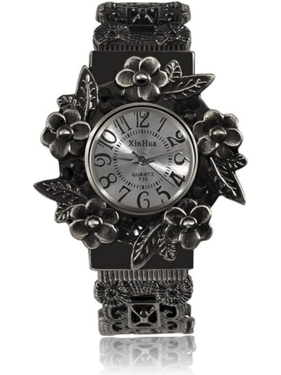 Accessories - Women's Black Vintage Cuff Bangle Carved Flowers Analog Quartz Wrist Watch
